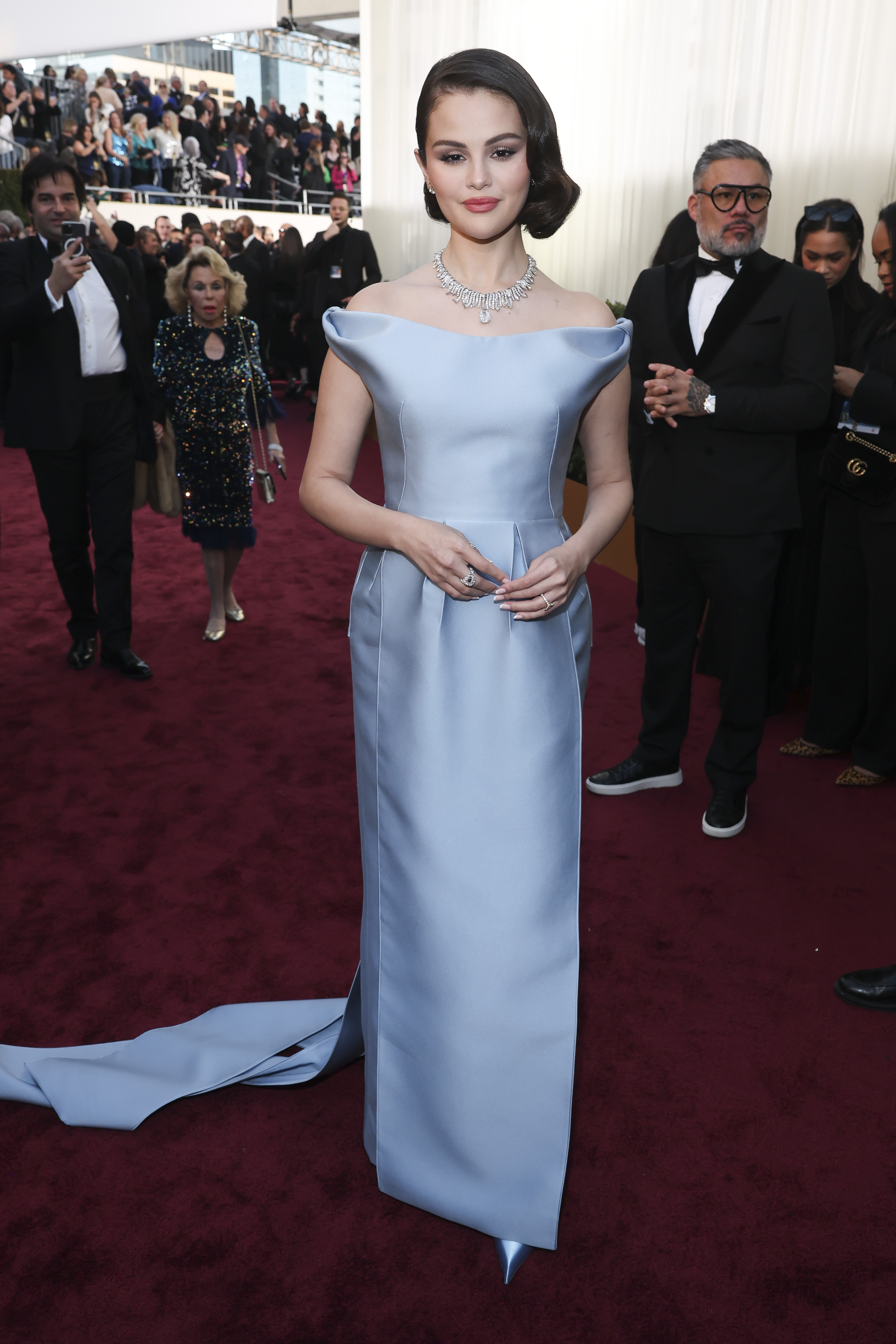 Selena Gomez wore a custom baby blue Prada gown at the 2025 Golden Globes