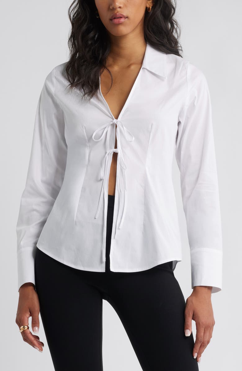 Tie Front Cotton Blend Poplin Shirt