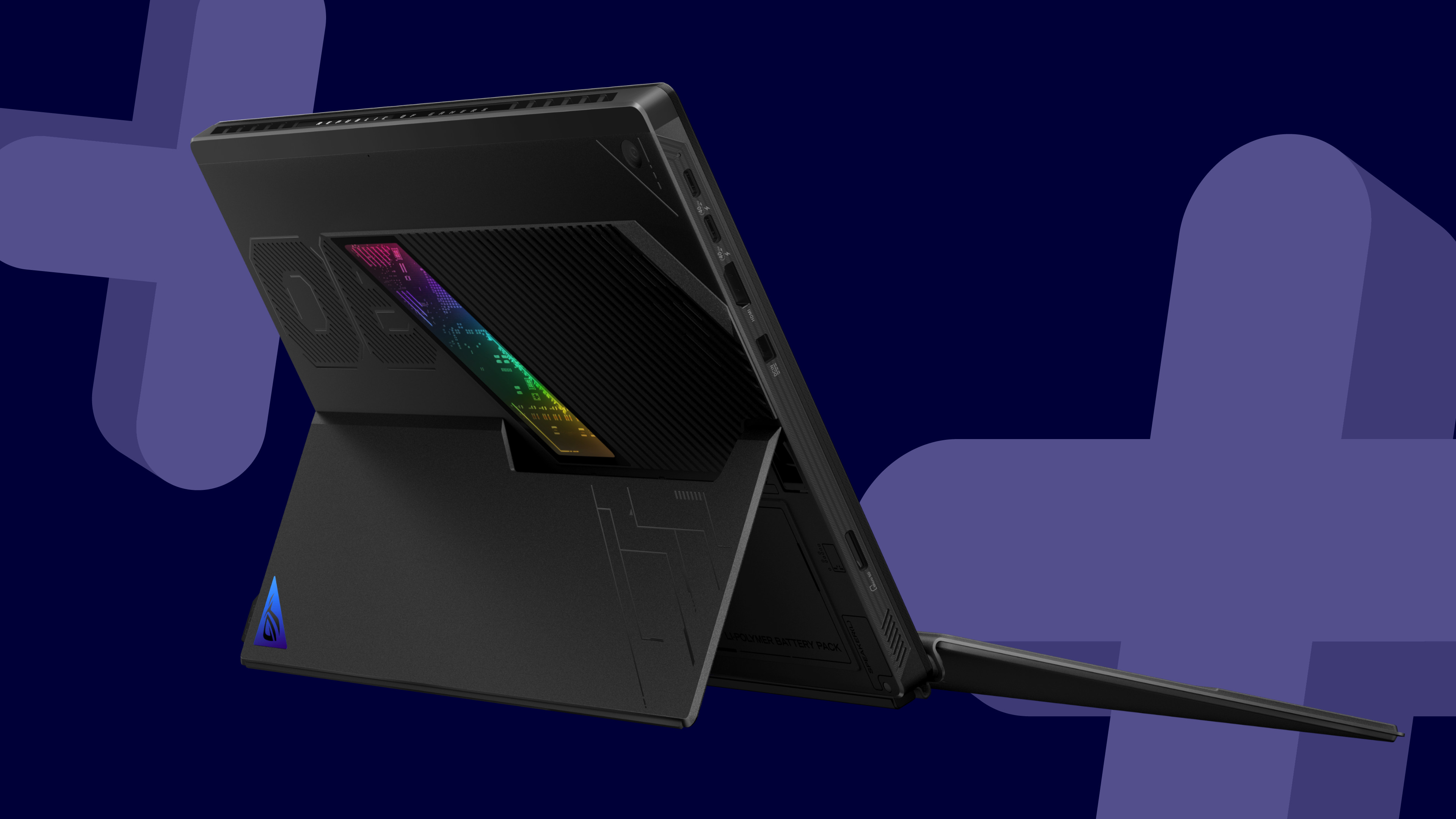 El panel posterior de la tableta Asus ROG Flow Z13 muestra una ventana RGB sobre un fondo azul oscuro