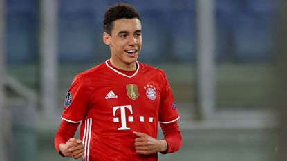 Jamal Musiala celebrates his goal for Bayern against Lazio in the Champions League 