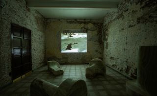 Film still in marble room with igloo statutes, by Ana Mendieta