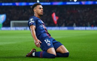 Desire Doue of Paris Saint-Germain celebrates scoring his team's first goal during the UEFA Champions League 2025/26 Quarter-Final First Leg match between PSG and Liverpool 
