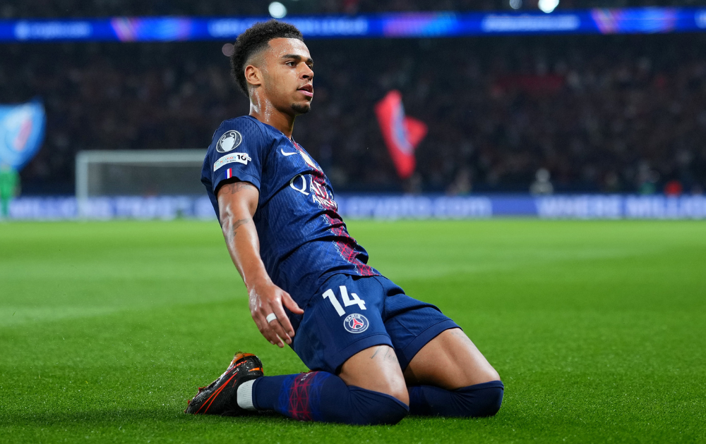  Desire Doue of Paris Saint-Germain celebrates scoring his team's first goal during the UEFA Champions League 2025/26 Quarter-Final First Leg match between PSG and Liverpool 