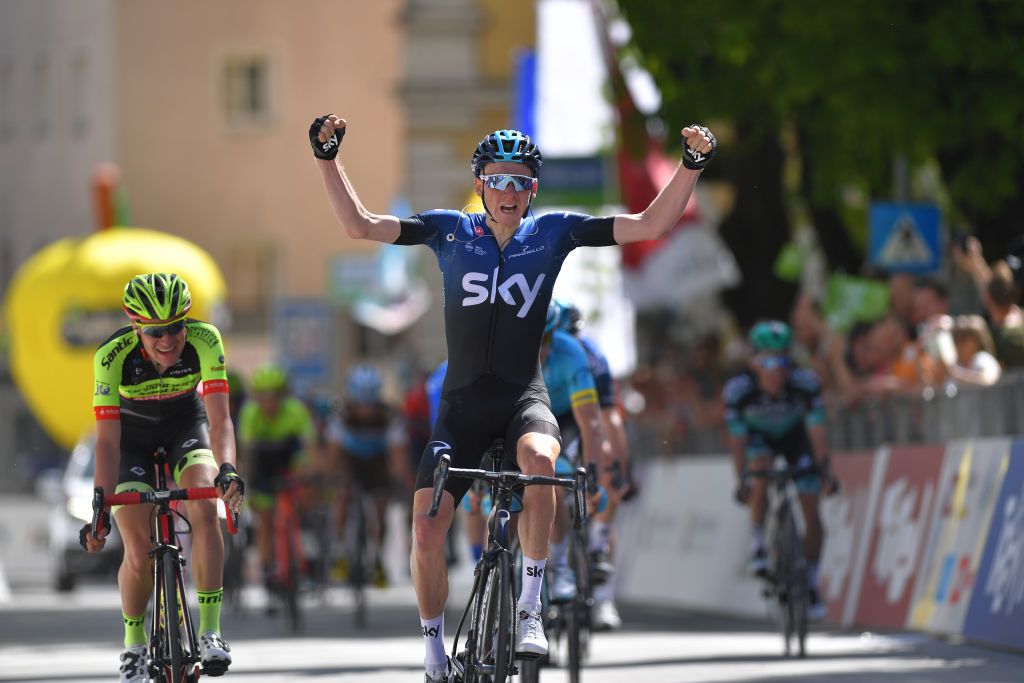 Tao Geoghegan Hart (Team Sky) celebrates victory on stage 1 of the Tour of the Alps.