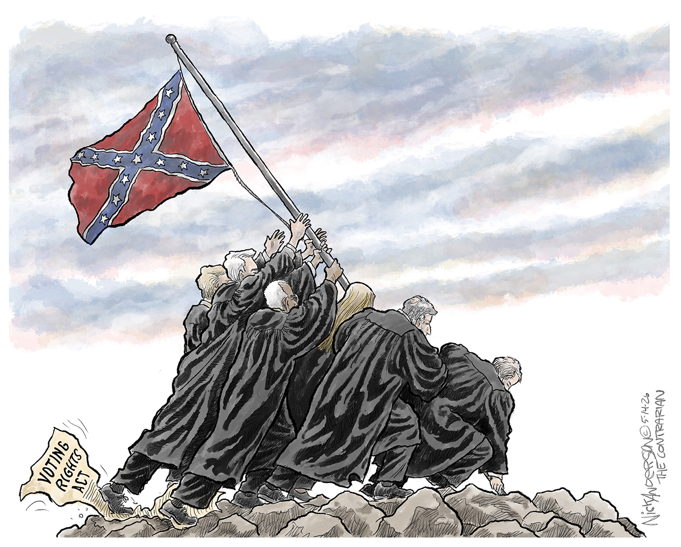 This image is drawn to resemble the famous photo of U.S. soldiers raising the American flag on Iwo Jimo during World War II. However, this cartoon depicts six robed Supreme Court justices trampling the Voting Rights act as they raise a Confederate flag.