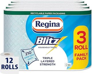 Regina Blitz Household Towels – 12 Rolls Per Pack, 3-Ply Kitchen Roll, 70 Sheets Per Roll, Paper Packaging, Fsc Certified Paper, Recyclable Packaging, 60% Larger Than Standard Kitchen Roll Sheets