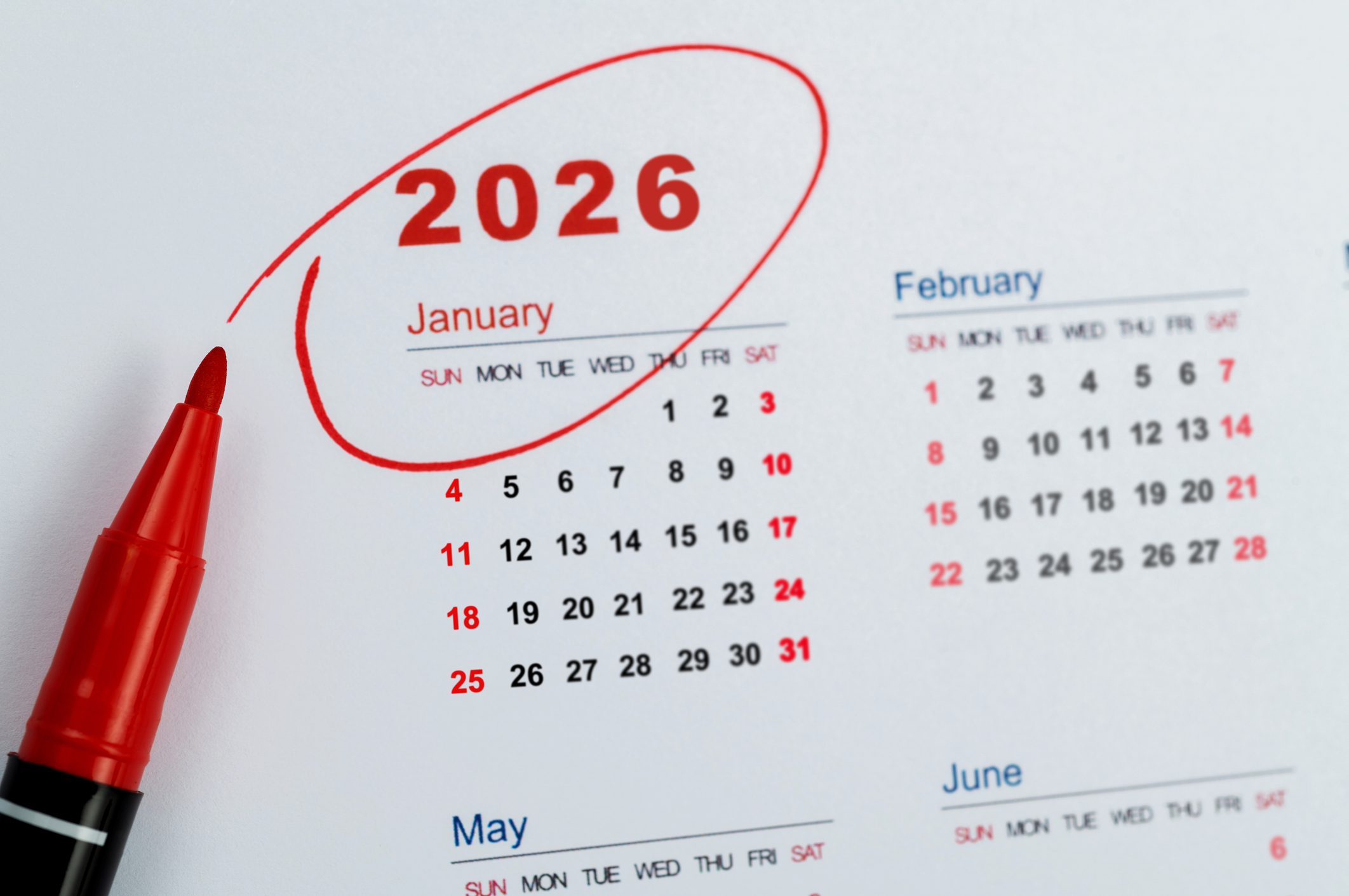 2026 calendar with a red marker circling the year
