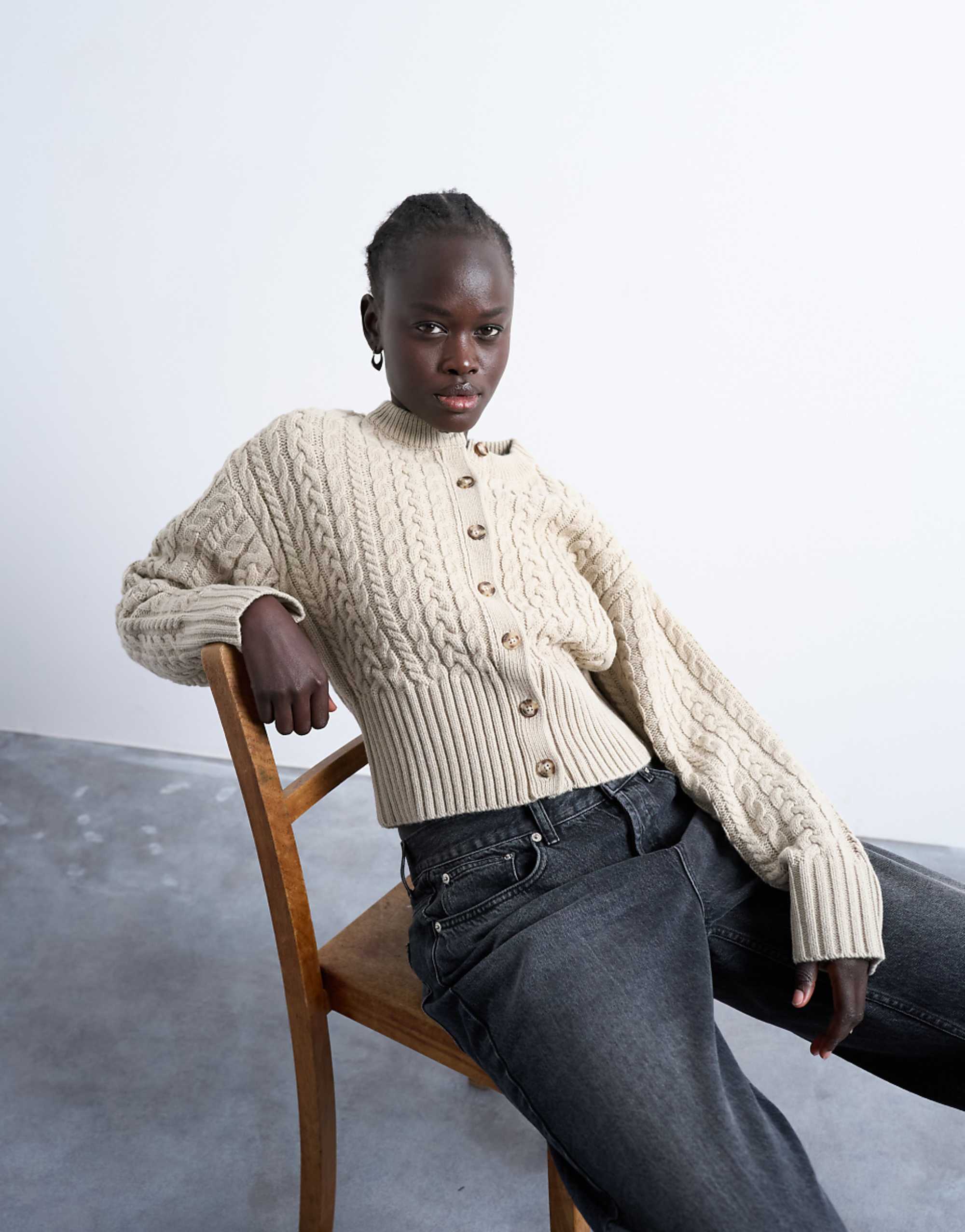 Topshop Knitted Cable Fitted Waist Cardigan in Oat