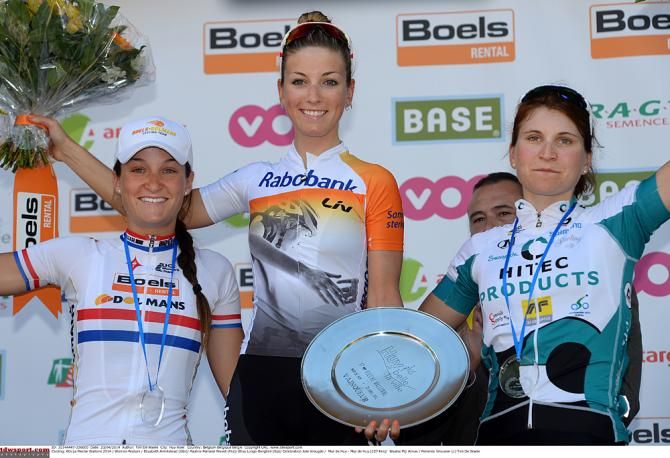 Lizzie Armistead, Pauline Ferrand Prevot and Elisa Longo Borghini on the podium