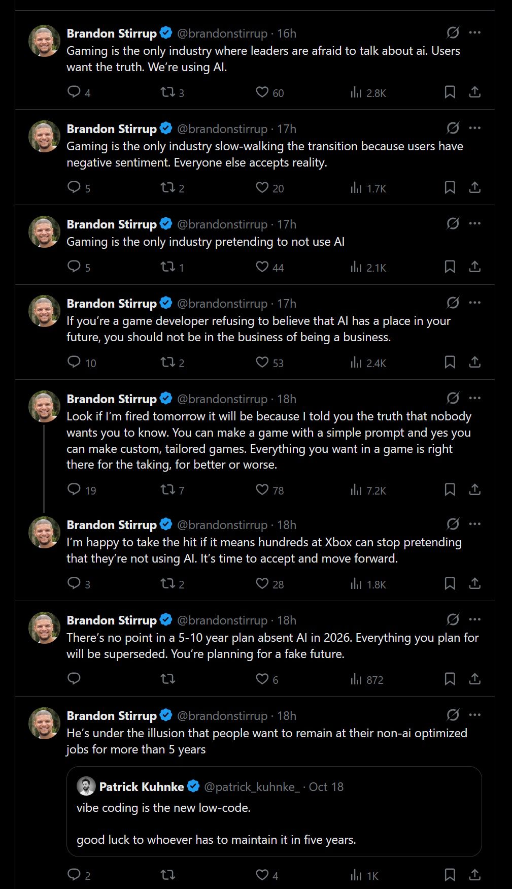 Gaming is the only industry where leaders are afraid to talk about AI. Users want the truth. We're using AI ... If you're a game designer refusing to believe that AI has a place in your future, you should not be in the business of being a business.