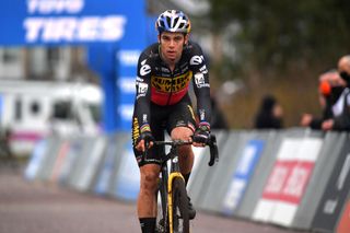 HULST NETHERLANDS JANUARY 02 Wout Van Aert of Belgium and Team JumboVisma crosses the finishing line during the 6th Hulst Vestingcross UCI CycloCross Worldcup 2022 Mens Elite CXWorldCup UCIcyclocrossWC on January 02 2022 in Hulst Netherlands Photo by Luc ClaessenGetty Images