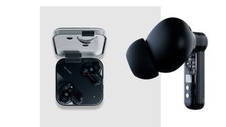 The Nothing Ear 1s in their charging case, and a single earbud in close up.