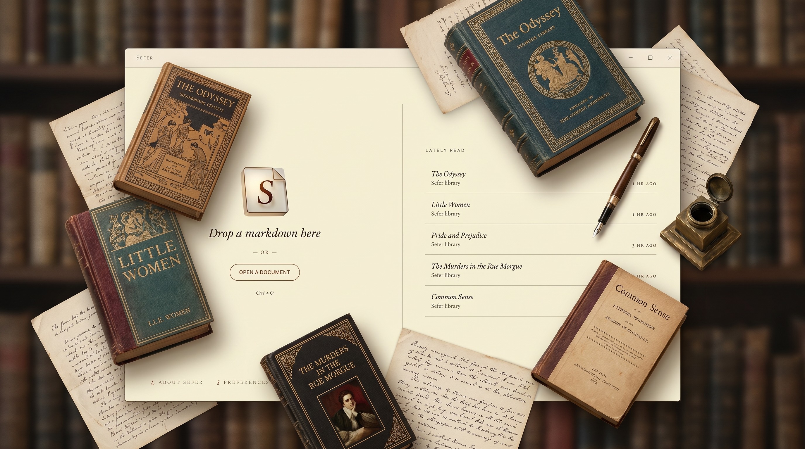 A digital workspace with classic books like "The Odyssey" and "Little Women" scattered around. Handwritten notes, an ink pot, and a pen add a vintage feel.