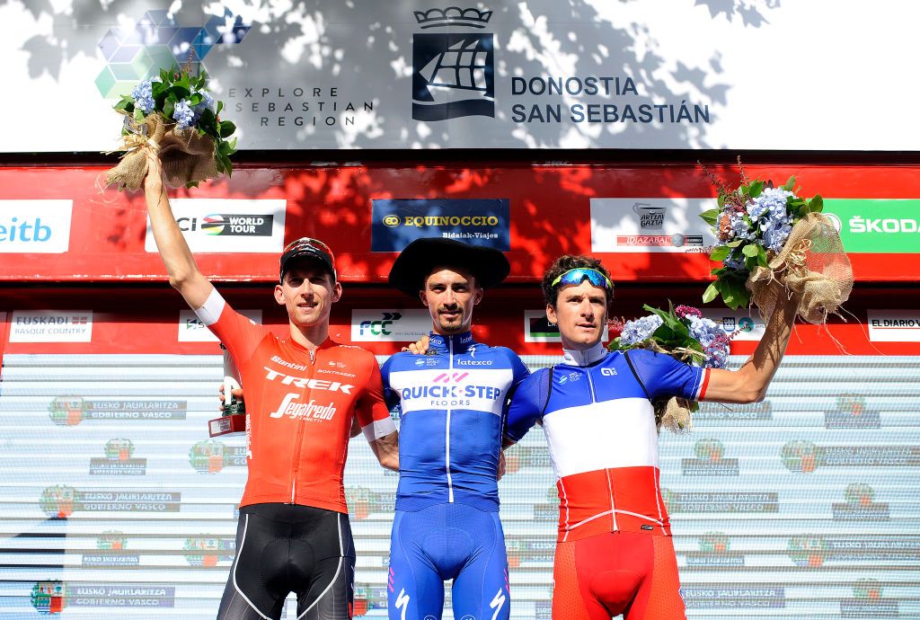 Bauke Mollema, Julian Alaphilippe and Anthony Roux on the podium in San Sebastian