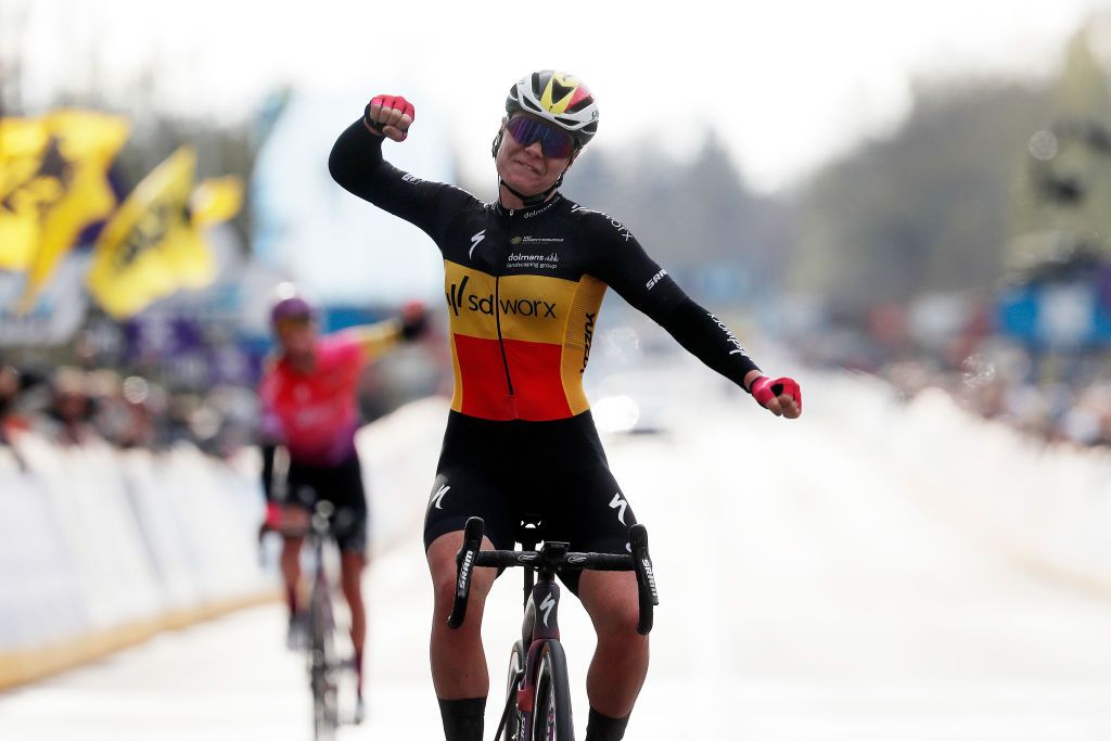 Lotte Kopecky winning the Tour of Flanders in the Belgian champion&#039;s jersey in 2022