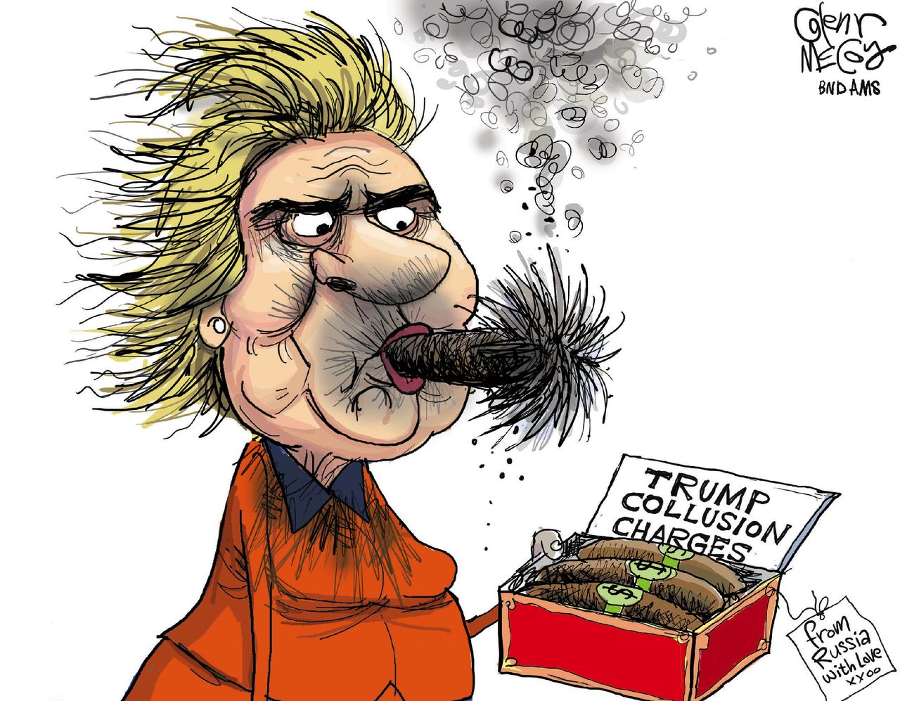 Political cartoon U.S. Trump Hillary Clinton Russia dossier collusion