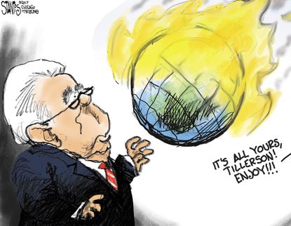 Political Cartoon U.S. Rex Tillerson Secretary of State world on fire