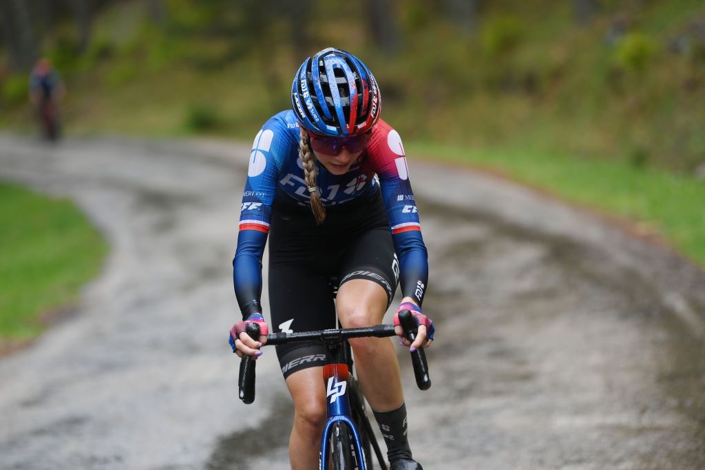 CANICOSA DE LA SIERRA SPAIN MAY 19 Evita Muzic of France and FDJ SUEZ Team competes during the 9th Vuelta a Burgos Feminas 2024 Stage 4 a 122km stage from Pearanda de Duero to Canicosa de la Sierra 1144m UCIWWT on May 19 2024 in Canicosa de la Sierra Spain Photo by Alex BroadwayGetty Images