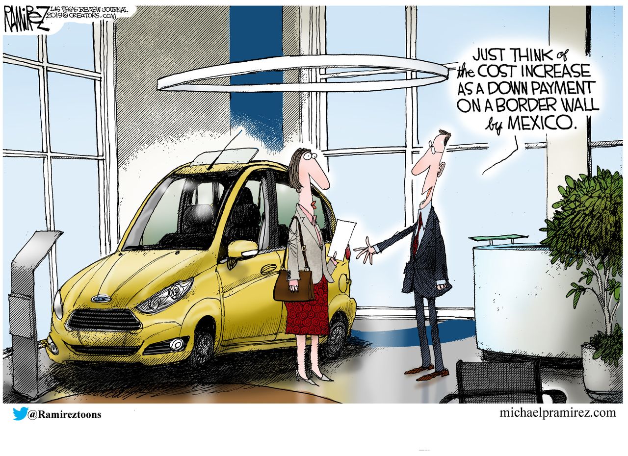 Editorial cartoon U.S. Mexico border wall car price increase