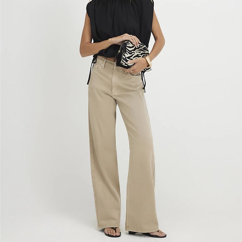 Beige Relaxed Straight Leg Jeans on model