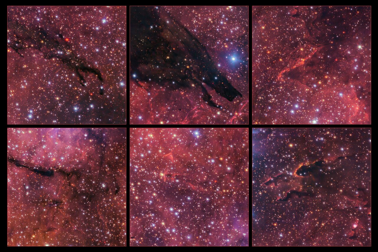 Six images of red smoke with black lights comprising aspects of a wolf-like cosmic body