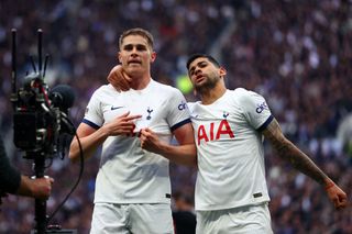 Micky van de Ven and Cristian Romero celebrate a goal for Tottenham against Arsenal which was later ruled out in April 2024.