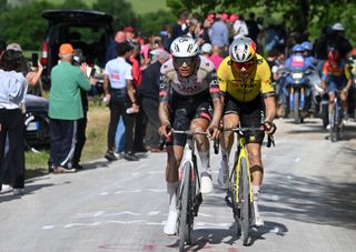 Isaac Del Toro of Mexico and Team UAE Team Emirates - XRG and Wout Van Aert of Belgium and Team Visma | Lease a Bike compete in the breakaway during the 108th Giro d'Italia 2025, Stage 9 a 181km stage from Gubbio to Siena / #UCIWT / on May 18, 2025 in Siena, Italy. (Photo by Tim de Waele/Getty Images)
