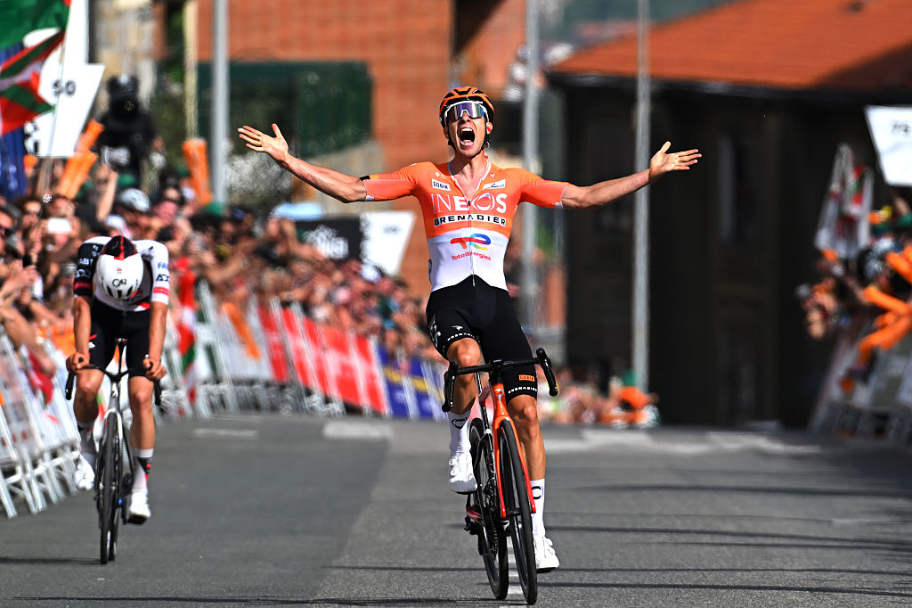 Axel Laurance of France and Team INEOS Grenadiers (R) celebrates as stage 3 winner at Itzulia Basque Country 2026, Stage 3(Photo by Tim de Waele/Getty Images)