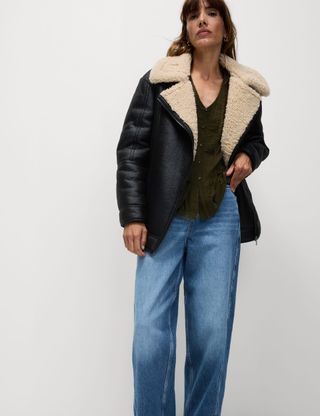 Faux Shearling Borg Lined Aviator Jacket