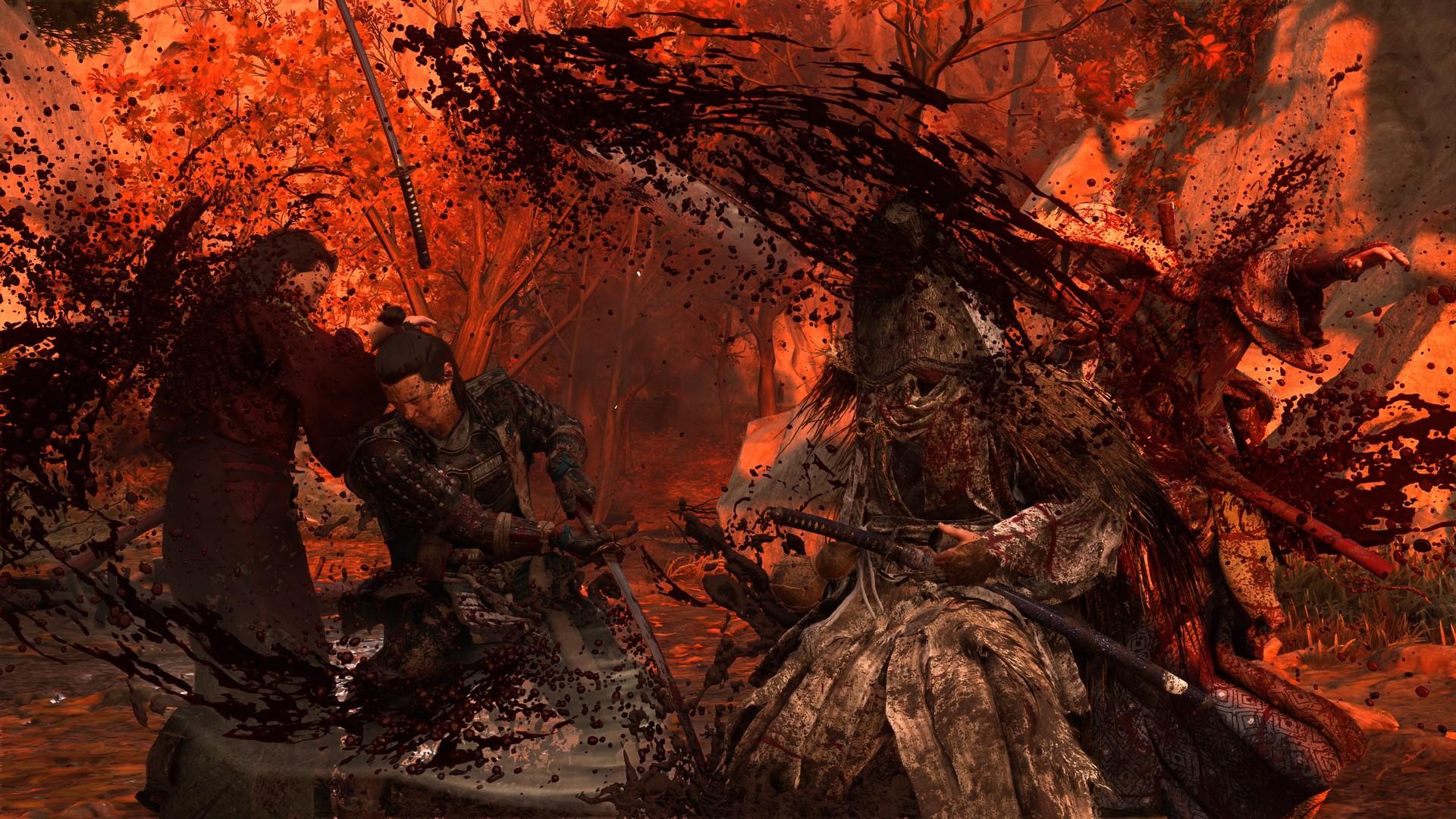 Blood splatters as Atsu slays an enemy in Ghost of Yotei with Takashi Miike mode on