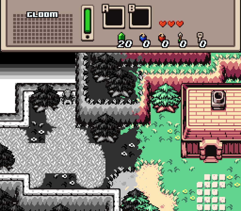 A colorful Zelda-style world being taken over by B&amp;amp;W pixels