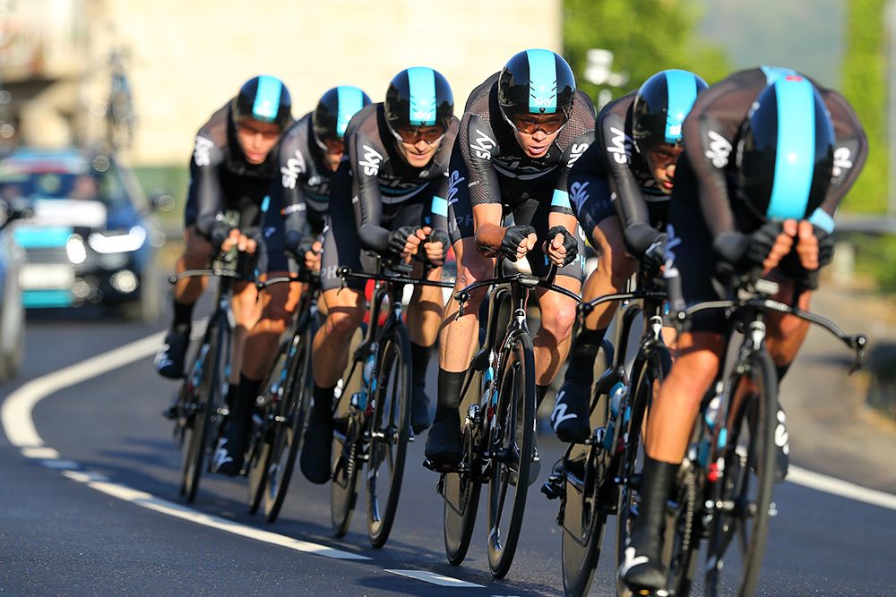 Team Sky on the way to winning the Vuelta's opening stage.