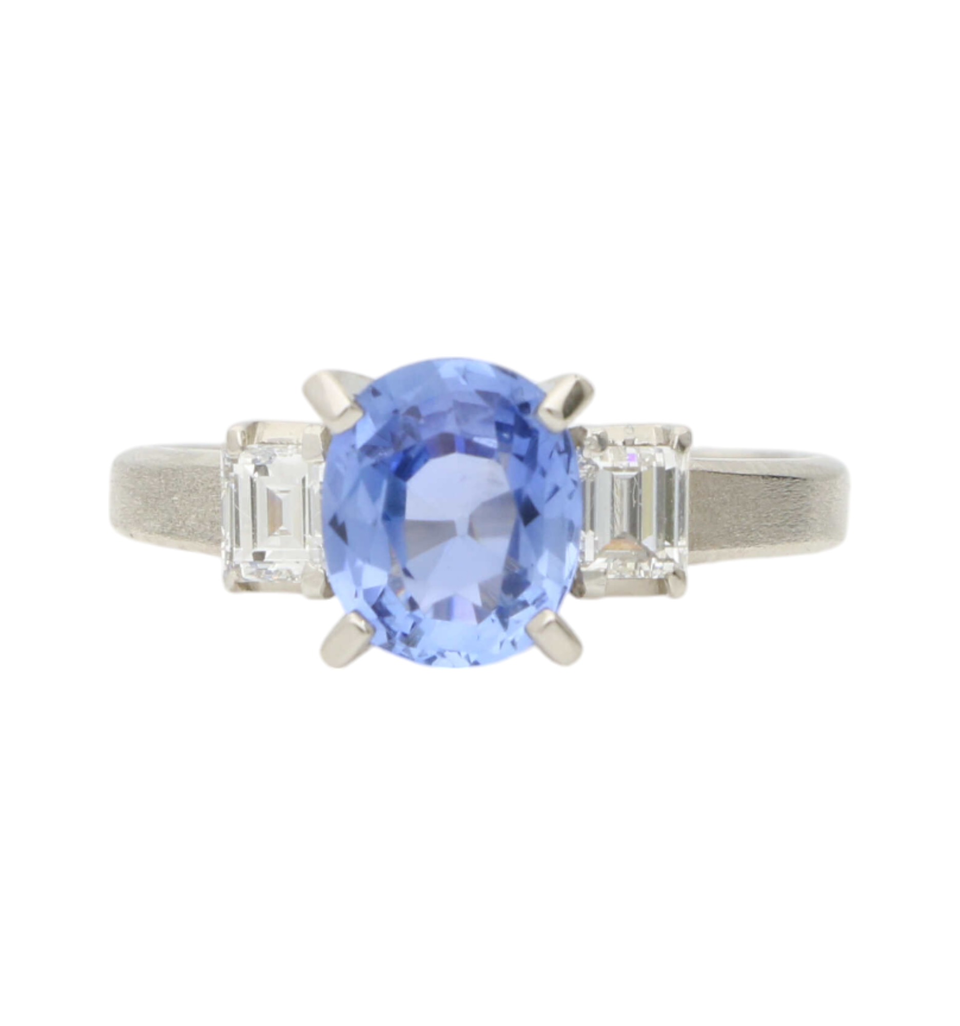 Sapphire and Baguette Diamond 3 Stone Engagement Ring