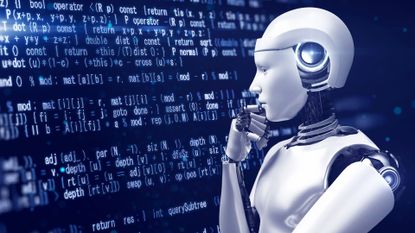 A robot standing thoughtfully in front of a giant digital display with code on it