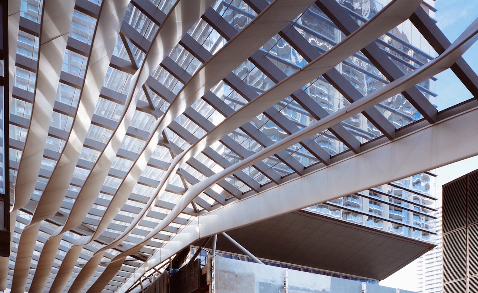 Lounge ceiling, climate ribbon design with glass windows, view of external area and building