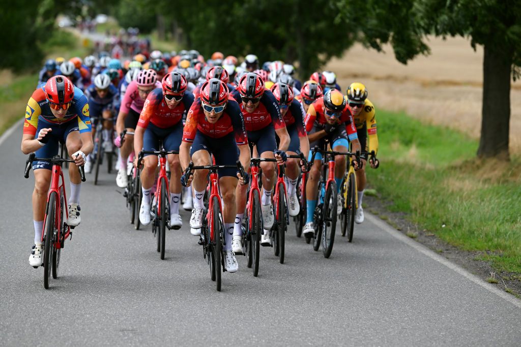 OPOLE POLAND AUGUST 01 LR Markus Hoelgaard of Norway and Team Lidl Trek Geraint Thomas of The United Kingdom and Laurens De Plus of Belgium and Team INEOS Grenadiers compete during the 80th Tour de Pologne 2023 Stage 4 a 1991km stage from Strzelin to Opole UCIWT on August 01 2023 in Opole Poland Photo by Dario BelingheriGetty Images