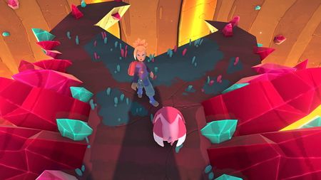 A Temtem tamer accompanied by a Pigepic looks back in surprise