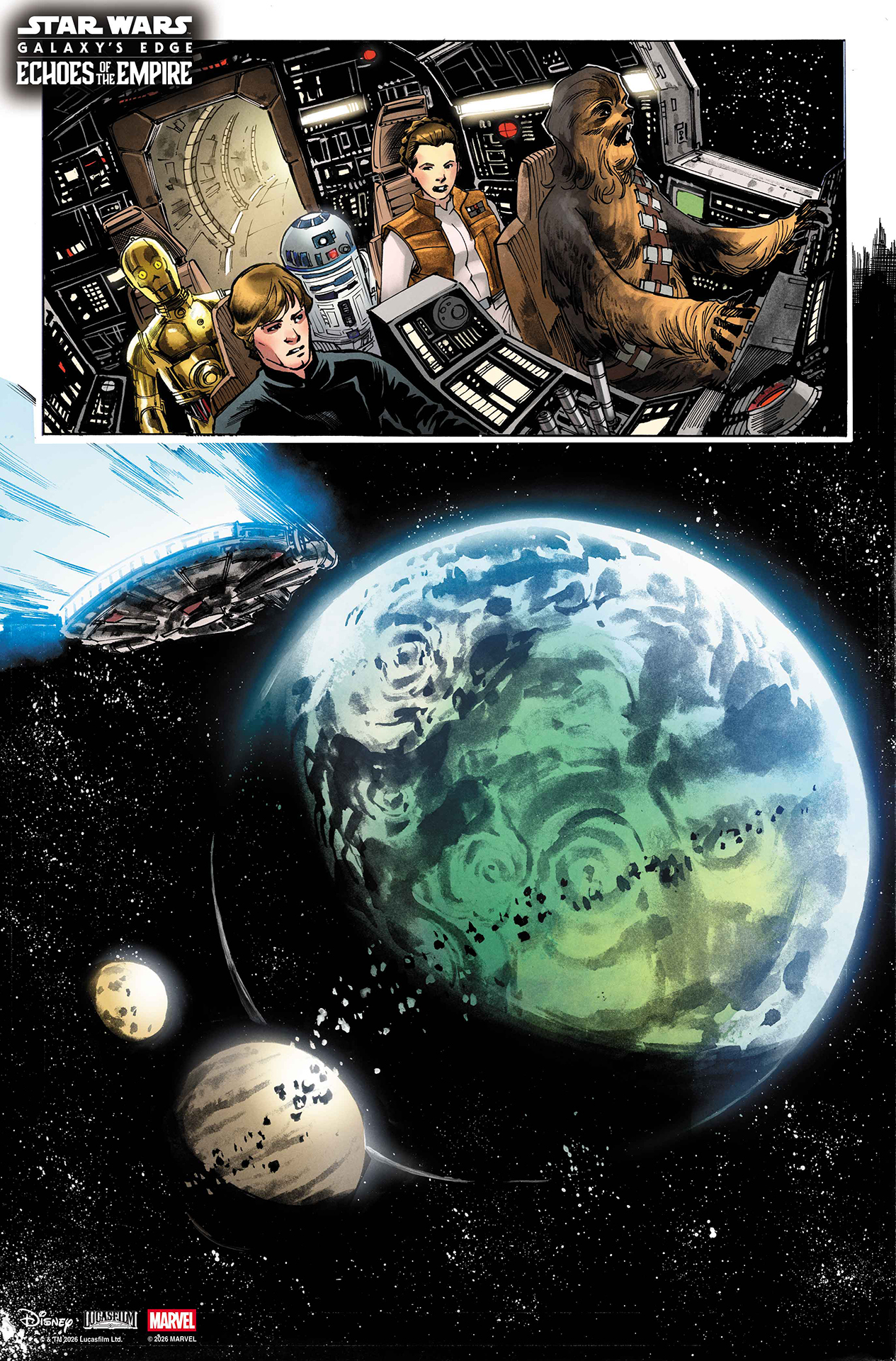 Luke, Leia, Chewie, R2D2, and C-3P0 flying through space in the Millennium Falcon