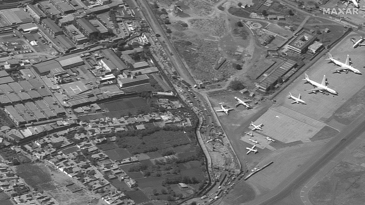 A satellite image of Abbey Gate at Hamid Karzai International Airport in Kabul, Afghanistan, taken on Aug. 25, 2021.
