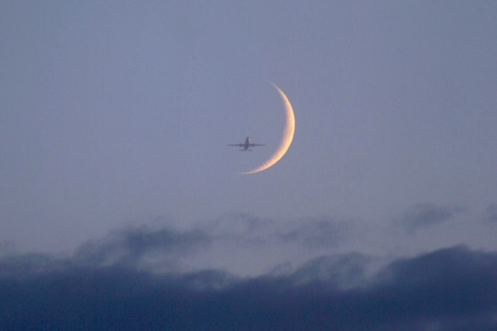 Airplane And Beautiful Crescent Moon In Night Sky Photo Space