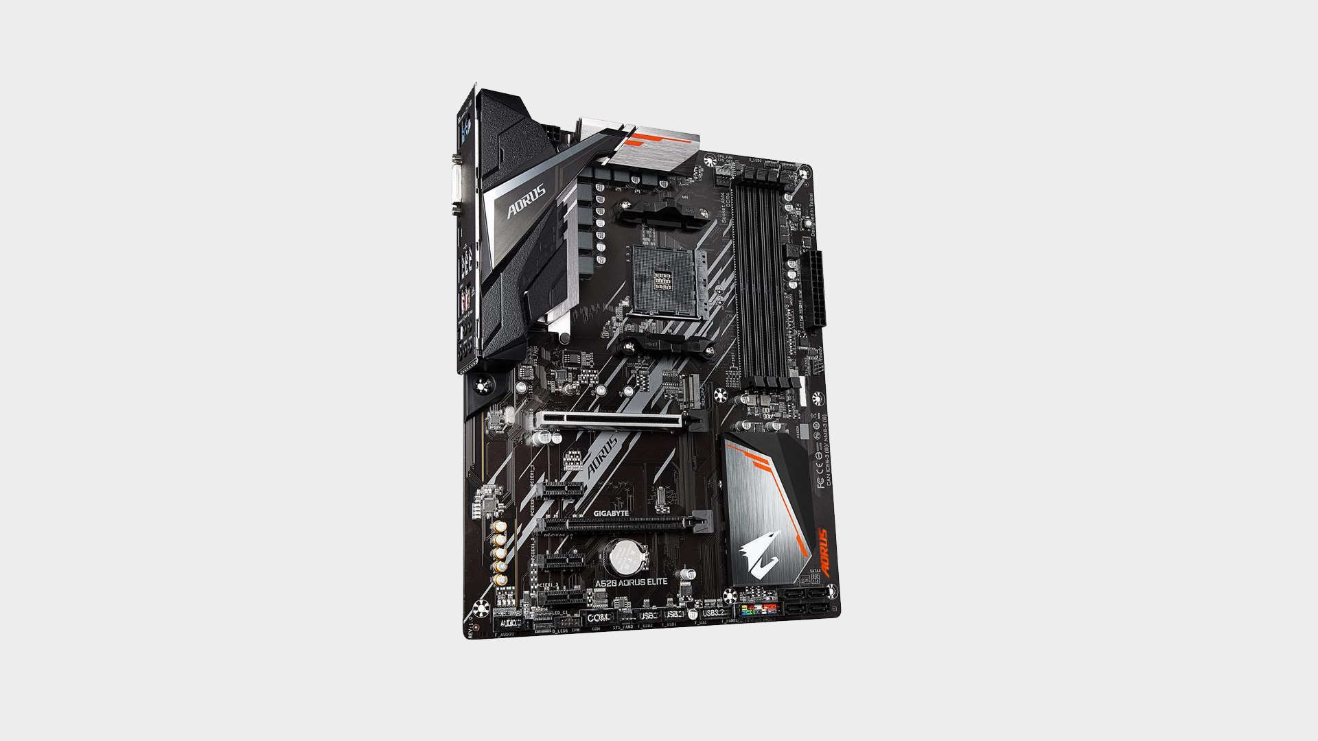 Gigabyte A520 Aorus Elite motherboard top down on a grey background.