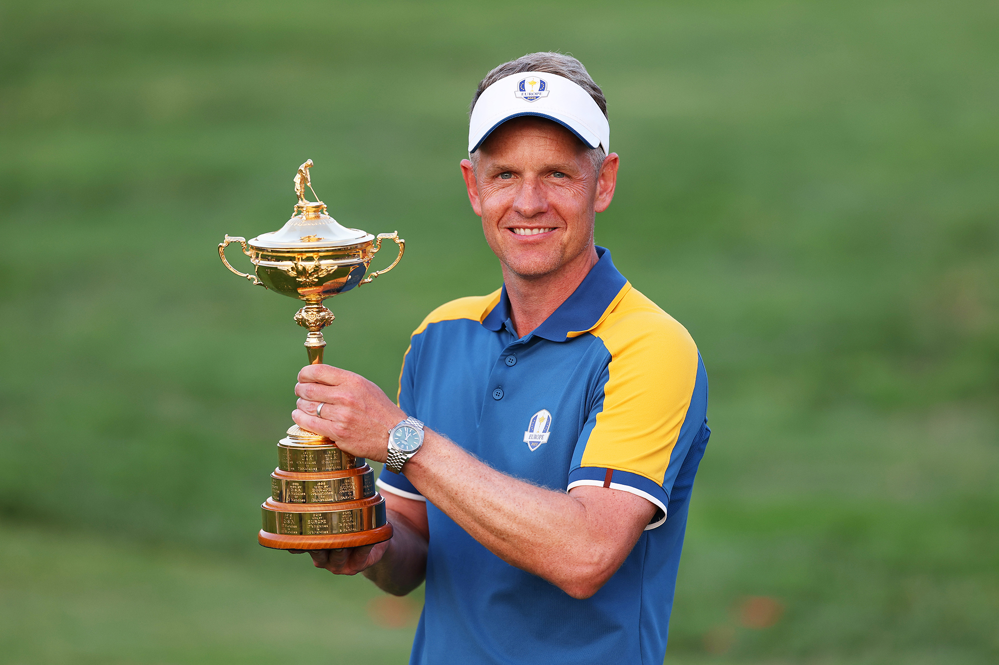 Luke Donald holding the trophy after winning the Ryder Cup as captain of Team Europe in 2023