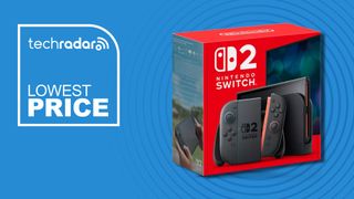 The Nintendo Switch 2 retail box against a blue background. Radar swirl design in grey behind the product. White text to the left reads: 'techradar LOWEST PRICE'