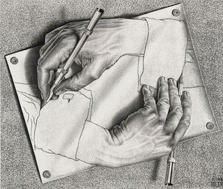 A pencil sketch of two hands drawing across from each other.