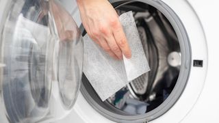 Person placing a dryer sheet into the drum of a tumble dryer.
