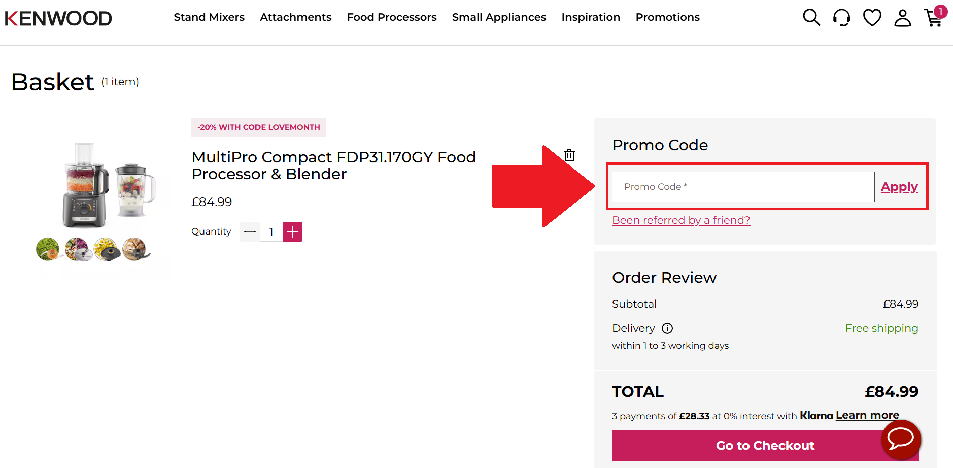 A screenshot of the Kenwood checkout page showing where to enter a Kenwood discount code