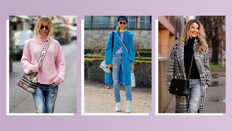 How to distress jeans: composite of three street style shots of women wearing distressed jeans