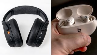 Example of over-ear headphones design vs. wireless earbuds design.