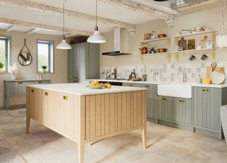 a timber effect panelled kitchen design with a large island