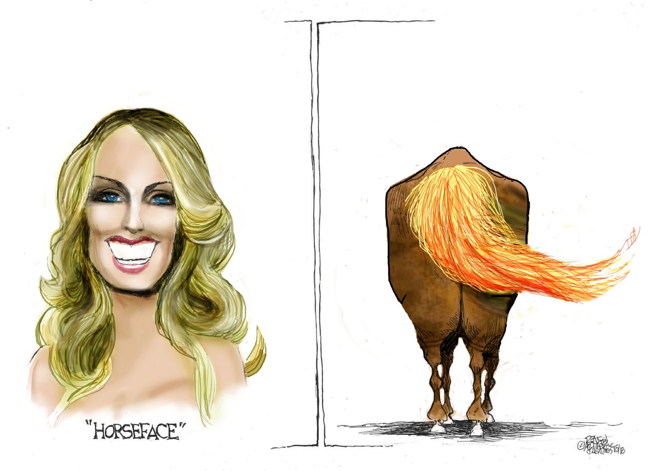 Political cartoon U.S. Trump tweet Stormy Daniels horseface